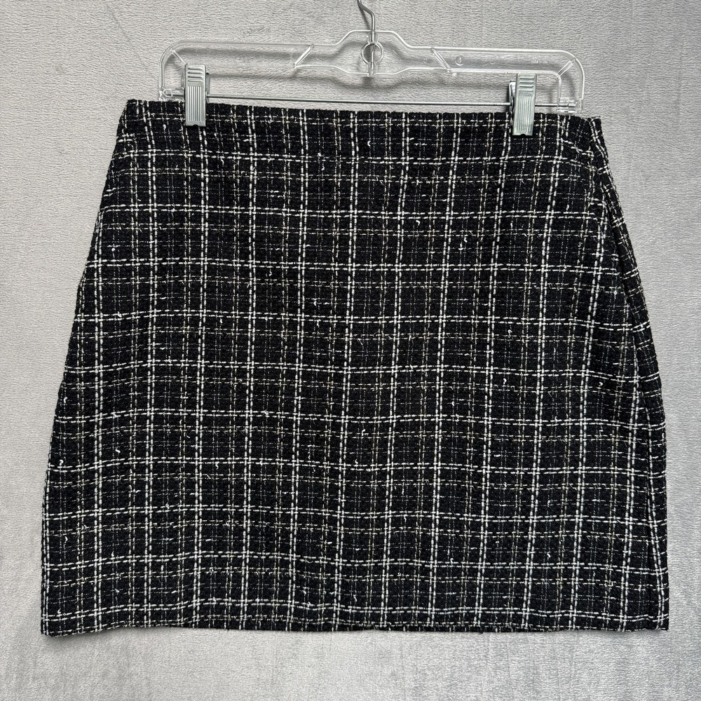 LOFT Skirt Womens 10 Black White Tweed Plaid Mini Lined Zip Back Workwear Preppy